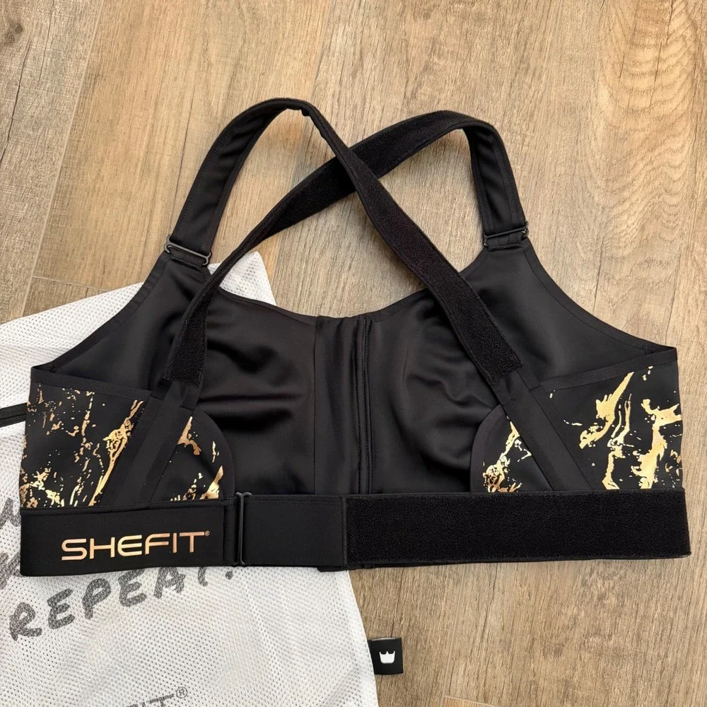 NEW SHEFIT Flex Sports Bra Black Medium Impact Adjustable Front Zip 3 Luxe Bag